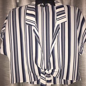 White and Blue Striped Button up Crop Top